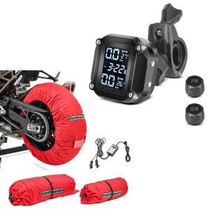 Set: Motorbike Tyre Warmers Set Snaefell ConStands 30-99°C digital for front and rear wheel red + Tyre pressure monitoring system RDKS with temperature gauge Tourtecs tyre pressure gauge digital