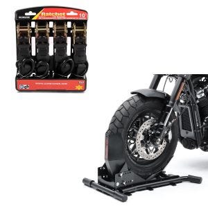 Set: Wheel Chock Easy Vario Front Rear Stand adjustable + Straps Set with ratchet and hooks incl 4x load loops in 