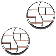 Set 2x Wall shelf round wood with metal frame Divit floating shelf with 6 shelves 68cm diameter RE15 black