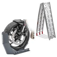 Set: aluminium loading ramp max. 340 kg folding for scooter quad ATV + Wheel Chock Easy-Fix Front Stand up to 21 Inch grey