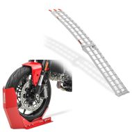 Set: Aluminium Loading Ramp Alu II up 340 kg foldable for ATV + Wheel Chock Easy-Fix Front Stand up to 21 Inch red