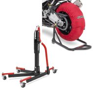 Set: Tyre Warmers Set 60-80°C for front and rear wheel 17 Inch in red + Power Evo Central Stand Paddock Lift red without adapter plate