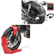 Set: Hinterrad und Lenker Zurrgurt mit 4x Ratschen-Spanngurten Set + Transportständer Easy-Fix Motorradwippe bis 21 Zoll rot_1