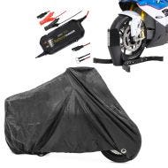 Set: Set Motorcycle battery charger + Cover XL black + Motorcycle Front Wheel Chock ConStands Easy Plus Paddock Stand up to 21" wheels black