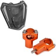Set: LED Headlight ECE DRL SW1 with Handlebar riser clamp set 52mm compatible with KTM 28mm bars MX1 aluminium orange