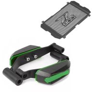 Crash pads compatible with Kawasaki Z 900 17-24 green + radiator cover + brake disc lock alarm with reminder cable