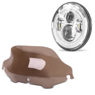 Set: Windshield Wave 8" compatible with Harley Davidson Electra Glide Ultra Classic 96-13 brown smoke Craftride + LED Headlight high beam 7" Inch Auxiliary Headlamp compatible with Harley Davidson chrome
