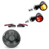Set of LED headlights 5.75" + LED handlebar indicators M2 with E-mark, tinted + LED indicators with rear and brake light, tinted
