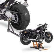Set: Motorbike Tyre Warmers Laguna Seca 60-80°C for wheel 17" blk ConStands with Scissor Lift Mid-lift L 680kg orange