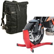Set: Motorcycle Backpack VR2 Canvas bag Vintage 20Ltr blk Craftride with Wheel Chock Easy-Plus up to 21 Inch red