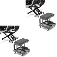 2x Set: Motorbike Scissor Lift ConStands Mid-lift XL Hydraulic Jack 500kg in black + Workshop stool on wheels ConStands WS3 workshop seat black