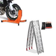 Set: Alu Auffahrrampe Spanngurt Set CS1 Alurampe max. 340kg + Motorradwippe Easy-Plus Motorradständer bis 21 Zoll orange_1
