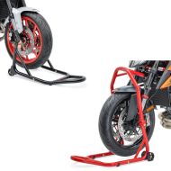 Set: Lenkkopfständer Classic 5 PIN Lenkkopf Montageständer rot + Montageständer Vorderrad mit gummierten Aufnahmen Motorradheber vorne_1
