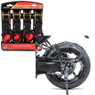 Set: Automatic Straps Set with ratchet and hooks incl 4x load loops in red + rear wheel tie down straps for transport