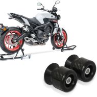 Set: Montageständer Set MV1 Motorradständer vorne und hinten Rangierhilfe + Schwingenschützer Racingadapter Bobbins für Montageständer M6-8 carbon_1
