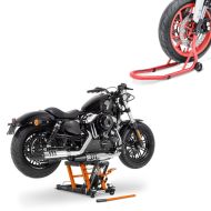 Set: Hebebühne Mid-Lift L Motorradheber für Harley und Chopper bis 680kg + Montageständer Vorderrad Fork Motorradständer mit Dornaufnahme rot_1