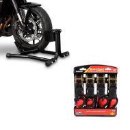 Set: Motorradwippe Easy Classic Motorradständer 16-19 Zoll schwarz + Spanngurt Set mit Ratsche und Haken inkl 4x Zurrschlaufe in rot_1
