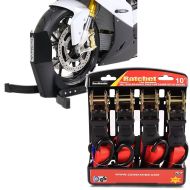 Set: Wheel Chock Easy-Plus Front Stand up to 21 Inch -matt + Automatic Straps Set with ratchet and hooks incl 4x load loops in red