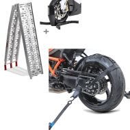 Set: Motorcycle aluminium loading ramp CS1 set wheel chock Easy Plus folding max 340kg + Motorcycle Rear wheel tie-down strap set with 4x ratchet tension belt black