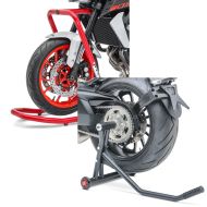 Set: Front Head Lift Paddock Stand V5 compatible with BMW R NineT Scrambler 16-23 red + Single swing arm paddock stand compatible with BMW R NineT Scrambler 16-23 ConStands Single-Racing black-matt