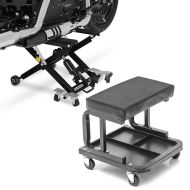 Set: Motorbike Scissor Lift ConStands Mid-lift XL Hydraulic Jack 500kg in black + Workshop stool on wheels ConStands WS3 workshop seat black