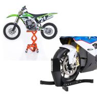 Set: Motocross Hydraulic Scissor Lift Dolly ConStands Cross-Lift XL with castors in orange + Wheel Chock ConStands Easy-Plus Front Stand up to 21 Inch black-matt