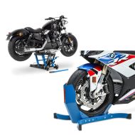 Set: Motorbike Scissor Lift ConStands Mid-lift L Hydraulic Jack for Cruiser and Chopper 680kg blue + Wheel Chock ConStands Easy-Plus Front Stand up to 21 Inch blue CB39117