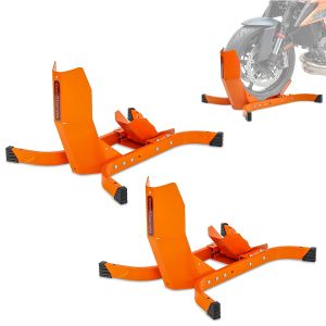 Set 2x Motorcycle Transport Stand Easy Fix Wheel Chock for Front Wheel up to 21 inches ConStands orange