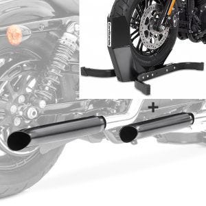Set 2x Auspuff Turn Out + Motorradwippe Easy Plus für Chopper Custom Caferacer schwarz_1