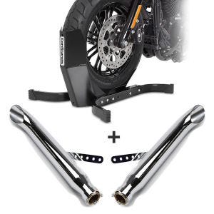 Set 2x Auspuff Turn Out + Motorradwippe Easy Plus für Chopper Custom Caferacer chrom_1