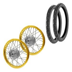 Set 2x Spoke wheel rim aluminum 1,6x16 for Simson S51 S50 S70 Schwalbe KR51 alloy Craftride AF17 gold + 2x Tire Vee Rubber VRM099 front rear