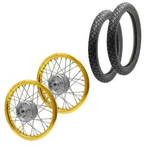 Set 2x Spoke wheel rim aluminum 1,6x16 for Simson S51 S50 S70 Schwalbe KR51 alloy Craftride AF17 gold + 2x Tire Vee Rubber VRM094 front rear