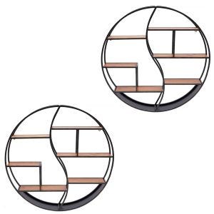 Set 2x Wall shelf round wood with metal frame Divit floating shelf with 6 shelves 68cm diameter RE15 black