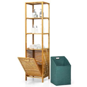 Bamboo shelf with laundry basket Divit BW1 bathroom tall cabinet