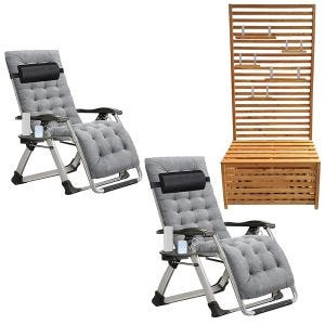 2x Garden chair folding SR11 deck chair sun lounger with metal cushion gray + Garden chest with shelves Divit GR1 garden bench plant shelf