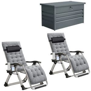 2x Garden chair folding SR11 deck chair sun lounger with metal cushion gray + Outdoor metal storage box AB5 garden chest lockable 350 liter