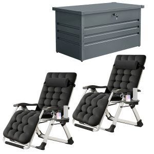 2x Garden chair folding SR11 deck chair sun lounger with metal cushion black + Outdoor metal storage box AB5 garden chest lockable 350 liter
