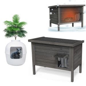 Set Outdoor Cat House Weatherproof + Litter Box with Artificial Plant Divit HK1 Pet Wooden Hut and Cat Toilet