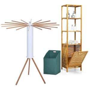 Set Bamboo Shelf with Laundry Basket + Foldable Clothes Rack Divit WS9 Bathroom Tall Cabinet and Clothes Rack Bamboo