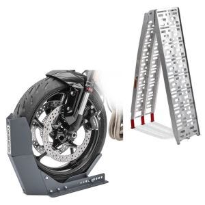 Set: aluminium loading ramp max. 340 kg folding for scooter quad ATV + Wheel Chock Easy-Fix Front Stand up to 21 Inch grey