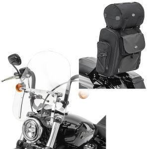 Set: Sissy Bar Bag SXL Rear tail bag with Roll Bag in + Windshield CW1 for Chopper Cruiser and Custombikes clear