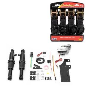 Set: Air Ride Suspension fits for Harley Davidson Touring 94-24 Craftride black + Motorbike Straps Set ConStands with ratchet and hooks incl 4x load loops in black