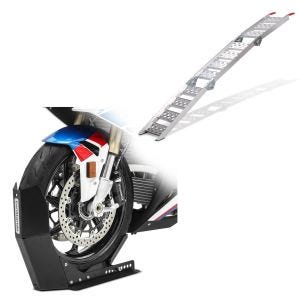 Set: Aluminium loading ramp III max. 270 kg triple folding for + Wheel Chock Easy-Fix Front Stand up to 21 Inch -mate