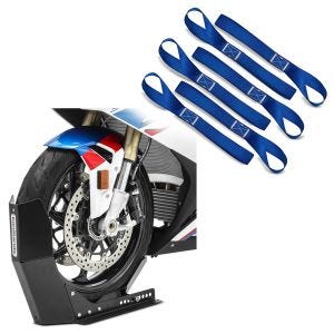 Set: Wheel Chock Easy-Fix Front Stand up to 21 Inch + Lashing strap, 6pcs mega pack blue
