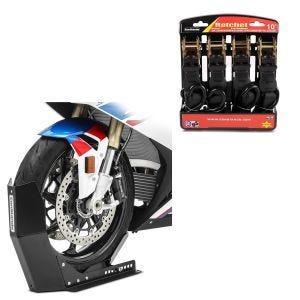 Set: Wheel Chock Easy-Fix Front Stand up to 21 Inch + Straps Set with ratchet and hooks incl 4x load loops in 