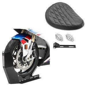 Set: Solo Seat Diamond Contoured with springs for Custombikes in + Wheel Chock Easy-Fix Front Stand up to 21 Inch 