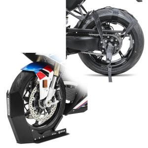 Set: Wheel Chock Easy-Fix Front Stand up to 21 Inch -mate + rear wheel tie down straps for transport 