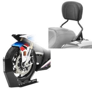 Set: Sissybar fits for Harley Davidson Touring models 09-24 Craftride in black + Wheel Chock ConStands Easy-Fix Front Stand up to 21 Inch black