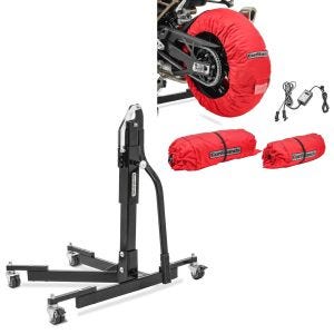 Set: Reifenwärmer Set 30-99°C Digital für vorne hinten rot + Zentralständer ohne Adapterplatte schwarz heber Power-Evo_1