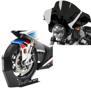 Set: Windshield Batwing for Custombikes dark smoke + Wheel Chock Easy-Fix Front Stand up to 21 Inch 